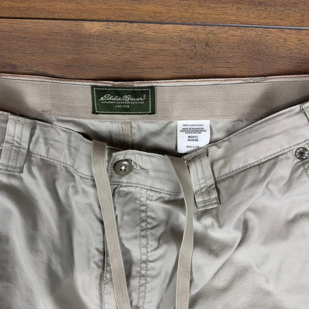 Eddie Bauer Mens 36x30 Khaki Tan Cotton Drawstring Chino Outdoor Pants Straight‎